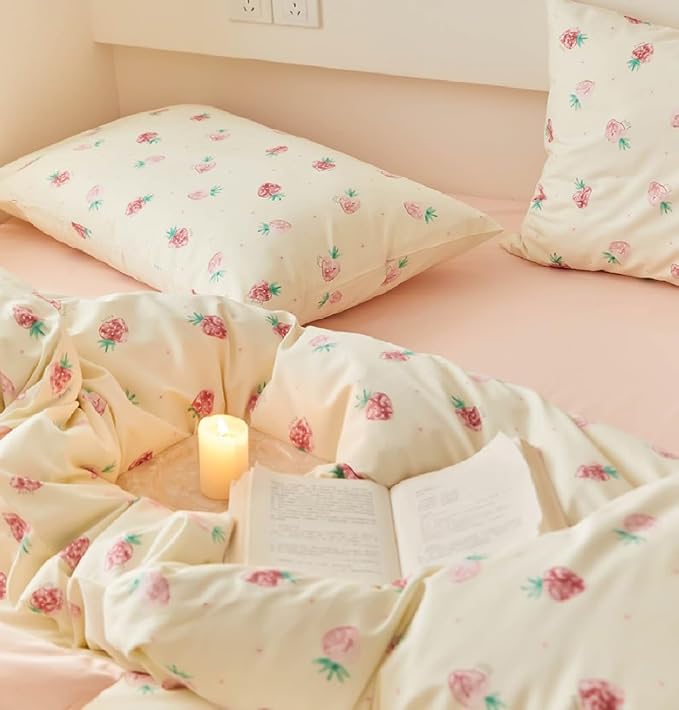 Nayoroom Strawberry Duvet Cover Set Queen Size Girls Cute Pink Strawberries - Image 4
