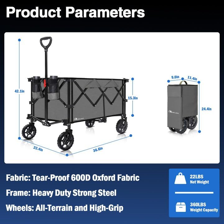 Moon Lence Collapsible Folding Wagon Cart Heavy Duty Folding Garden Portable Hand Cart with All-Terrain Beach Wheels, Adjustable Handle & Drink Holders (Grey)