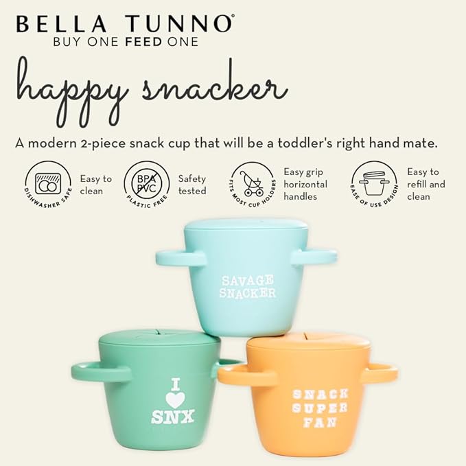 Bella Tunno Snack Cups for Toddlers, Set of 2 Silicone Spill Proof Food Containers with Lids, Babies & Kids 6-12 Months, Got Snacks & Get in my Belly