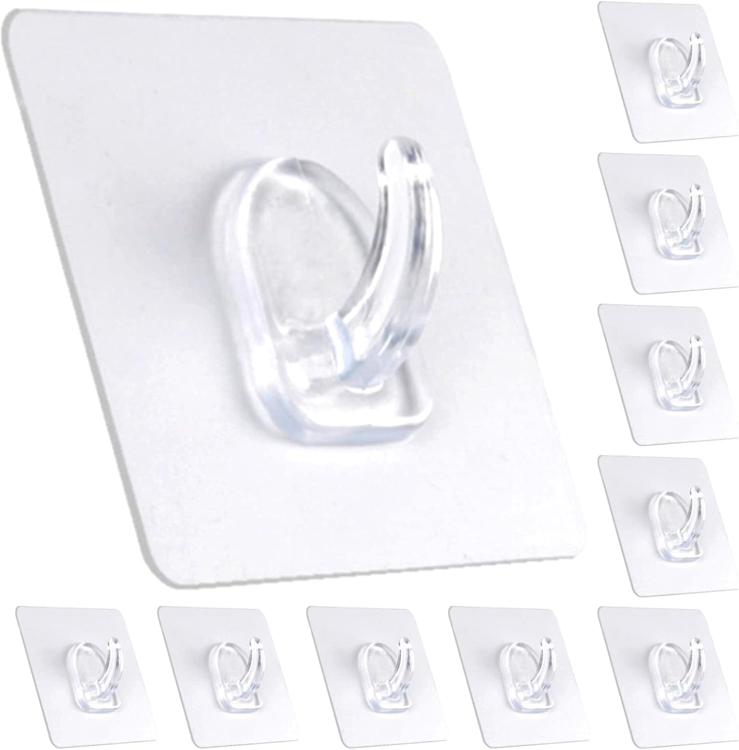 Adhesive Hooks, Heavy Duty Utility Hooks 20 lb(Max) Waterproof and Oilproof Removable, Clear Seamless Hooks Reusable Wall Hook for Kitchen Bathroom Bedroom Office - 10 Pack
