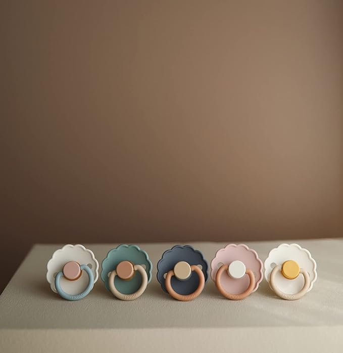 FRIGG Daisy Natural Rubber Baby Pacifier | Made in Denmark | BPA-Free (Biscuit/Lily Pad, 0-6 Months) 2-Pack