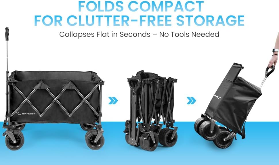 36" Collapsible Wagon Cart with Big All-Terrain Beach Wheels, Foldable Heavy Duty Wagons, Utility Carts for Camping, Garden, Outdoor, Grocery, Sports, Free Packable Backpack Included