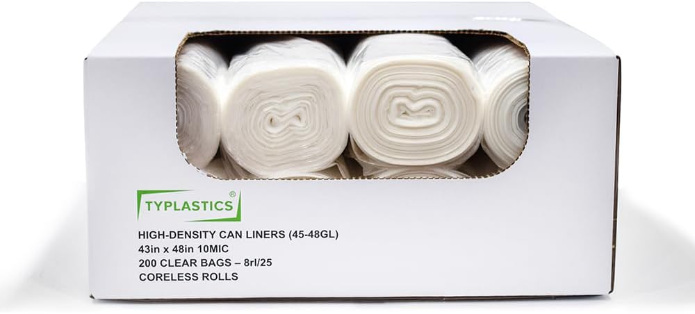 TYPLASTICS 45-48 Gallon Clear Trash Can Liners - 43" x 48" - High Density Garbage Bags - 200 Pack - Multipurpose for Office, Yard, Recycling, Industrial and Commercial