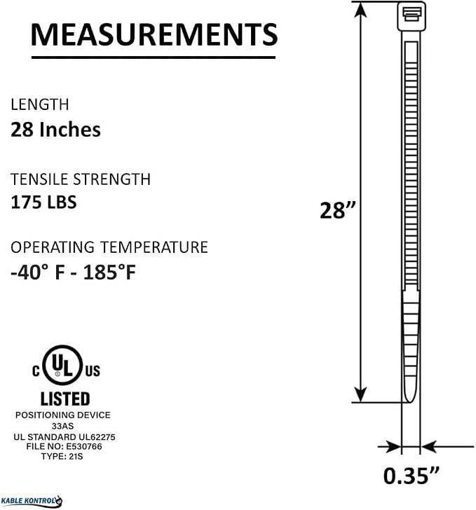 Kable Kontrol Heavy Duty Cable Zip Ties 100 Pcs 28 Inch Black, 175 Lbs Tensile - Image 3