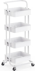 Pipishell 4 Tier Mesh Utility Cart, Rolling Metal Organization Cart with Handle and Lockable Wheels, Multifunctional Storage Shelves for Kitchen Living Room Office White, PIUC12W
