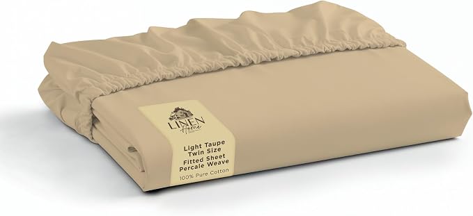 Linen Home 100% Cotton Percale Weave Fitted Sheet, Twin Size, Light Taupe by LINENHOME