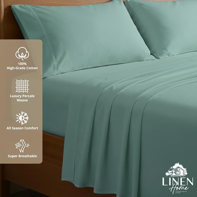 Linen Home 100% Cotton Percale Sheets Queen Size, Aqua Blue, Deep Pocket - Image 3
