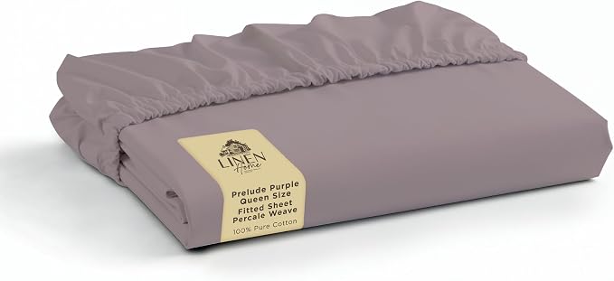 Linen Home 100% Cotton Percale Weave Fitted Sheet, Queen Size, Prelude Purple by LINENHOME