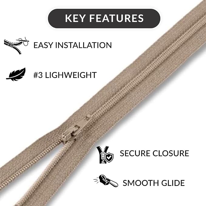 20 Inch Nylon Coil Zipper Light Beige Color, Non Separating Closed-End Sewing - Image 6
