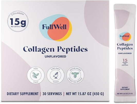 FullWell Hydrolyzed Collagen Peptide Stick Packs, Breastfeeding & Pregnancy Safe Grass-Fed Collagen Travel Packs, 15g Unflavored Collagen, 30 Servings