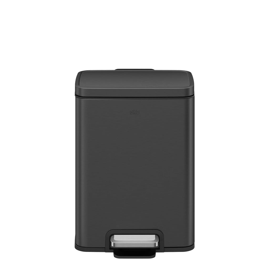 EKO Madison Matte Black 6L / 1.6 Gal Bathroom Trash Can with Lid and Removable Inner Basket, Rectangular Small Step Trash Can, Brushed Stainless Steel