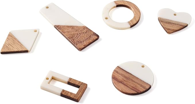 FASHEWELRY 12Pcs Resin Wooden Pendants 6 Styles Rectangle Rhombus Flat Round - Image 6