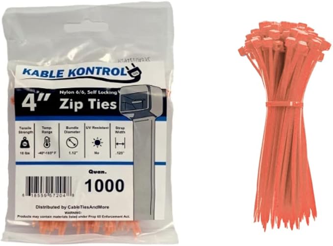 Kable Kontrol Orange Zip Ties 4 Inch 1000 Pcs, 18 Lbs Tensile Strength by KABLEKONTROL%C2%AE