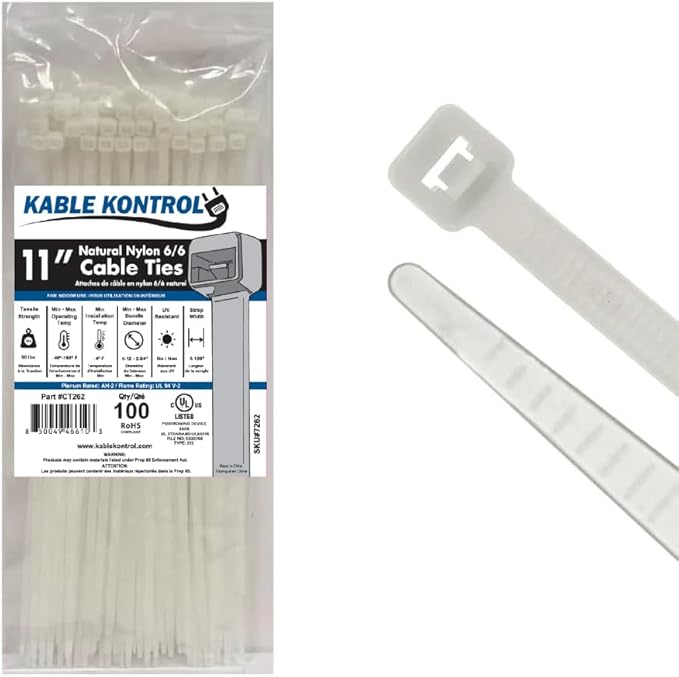 Kable Kontrol Cable Zip Ties Natural White 100 Pcs 11 Inch, 50 Lbs Tensile by KABLEKONTROL%C2%AE
