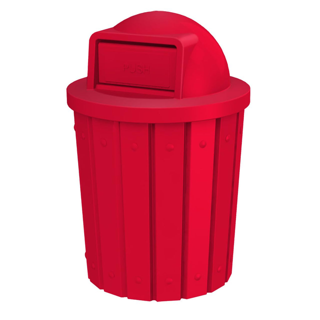 42 Gallon Slated Circle 100% Recycled Plastic Heavy Duty Outdoor Trash Can with Push Open Dome Lid and Internal Liner - Great for Schools and Businesses - Red