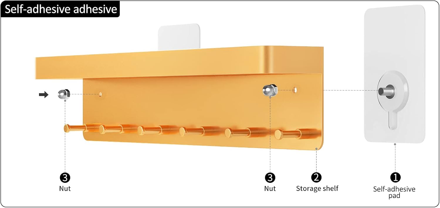 MKO Key Holder for Wall, Mail Organizer and Key Rack with Tray for Hallway, 6 Key Hooks Wall Mount Adhesive(Gold)