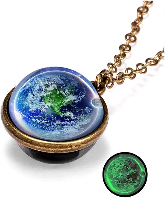 Yocoyee Galaxy Planet Pendant Necklace Glow in Dark Double Side Glass Crystal by Yocoyee