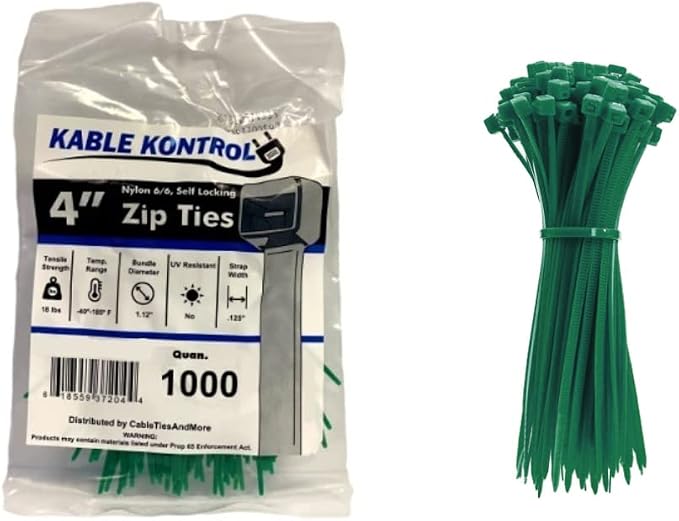 Kable Kontrol Green Zip Ties 4 Inch 1000 Pcs, 18 Lbs Tensile Strength, by KABLEKONTROL%C2%AE