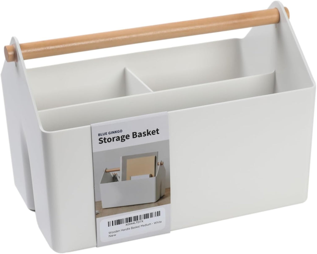 BLUE GINKGO Medium Storage Basket – Plastic Caddy with Wooden Handle for Office, Arts & Crafts, or Home Supplies (White)