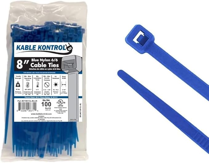 Kable Kontrol Blue Zip Ties 8 Inch 100 Pcs, 50 Lbs Tensile Strength, by KABLEKONTROL%C2%AE