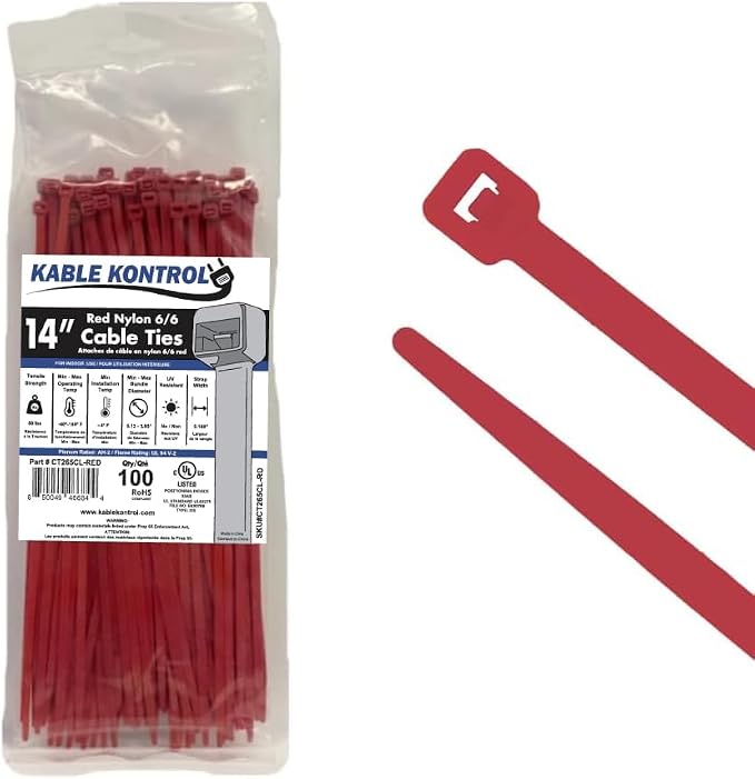 Kable Kontrol Red Zip Ties 14 Inch 100 Pcs, 50 Lbs Tensile Strength, by KABLEKONTROL%C2%AE