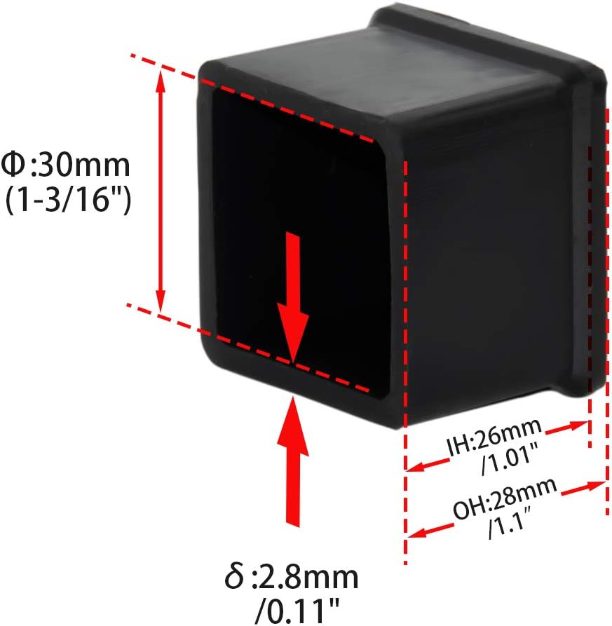 Flyshop Durable Non-Marking Silicone Chair Leg Caps Tips Floor Protectors Square Furniture Table Leg Covers, 20pcs, Black, 30 mm x 30 mm, 1-3/16" x 1-3/16"