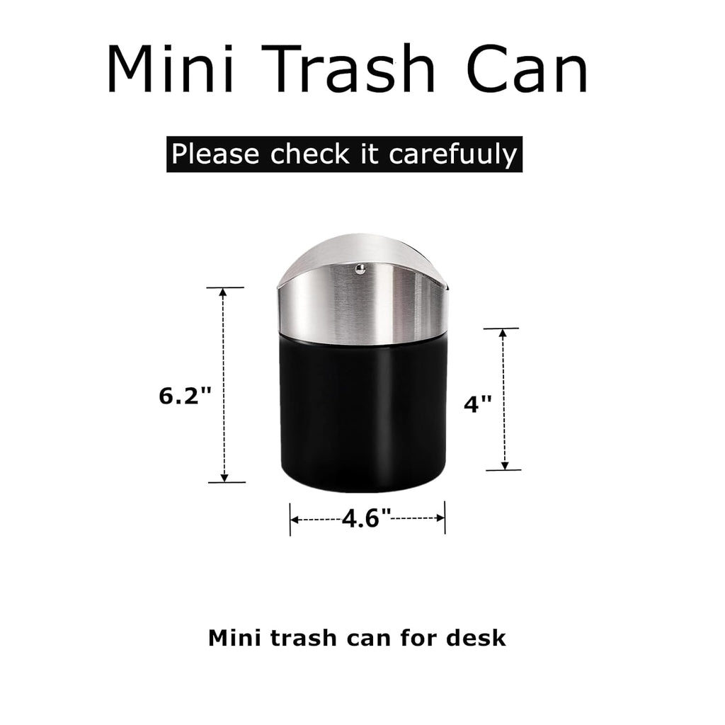 2 Pack Mini Trash Can for Desk, Swing Lid Brushed Stainless Steel Countertop Garbage Bin, Modern Tiny Waste Basket for Vanity, Makeup Tabletop, Office Desk, Coffee Table
