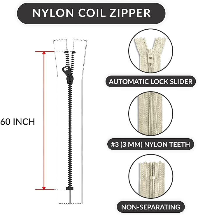 60 Inch Nylon Coil Zipper Natural Color, Non Separating Closed-End Sewing Zipper - Image 2