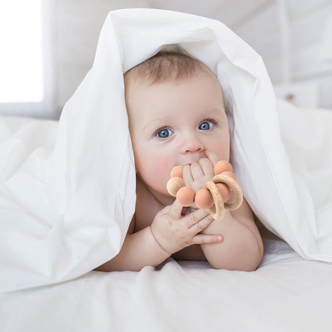 Silicone Baby Teether, Food Grade Silicone & Beech Baby Teething Toy, BPA Free (Muted)