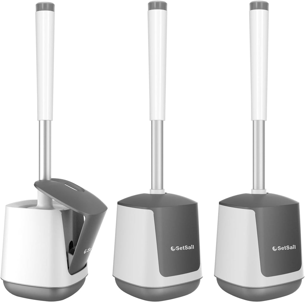 SetSail Toilet Brush 3 Pack Toilet Bowl Brush and Holder Toilet Cleaner Brush with Nylon Bristles Ventilated Toilet Brushes for Bathroom with Holder for Toilet Scrubber Cleaning, White & Grey
