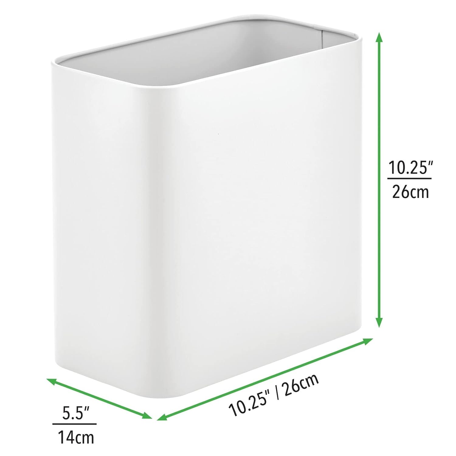 mDesign Metal Wastepaper Bin — Compact Rectangular Bathroom Bin — Rubbish Basket for Home and Office — White