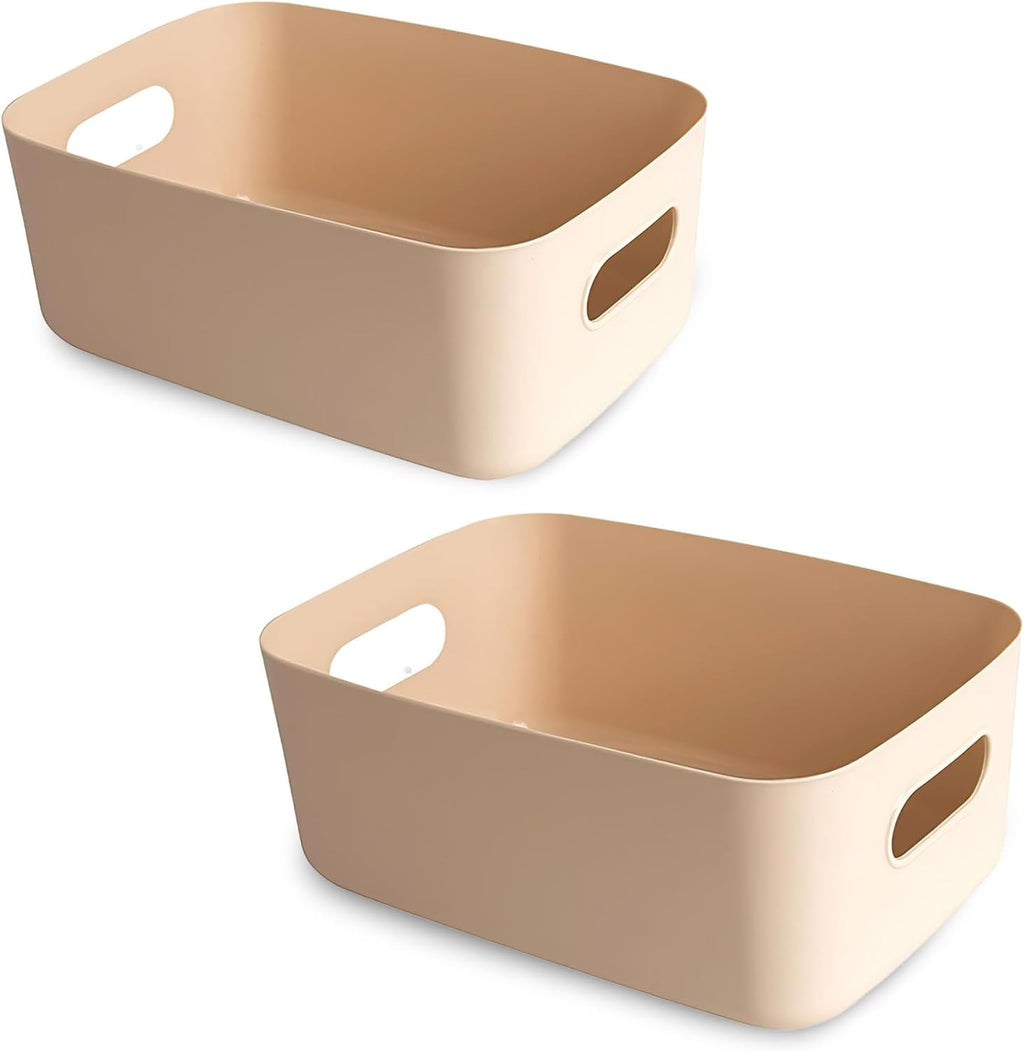 COVRA 2-Pack Plastic Storage Bins, Small Storage Baskets, Organizers for Home & Office, 9.6 x 6.3 x 4.7 Inches (Brown)