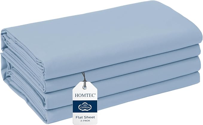 King Size Flat Sheet 2 Pack, 100% Cotton Percale Flat Bed Sheet, Breathable by HOMTEC
