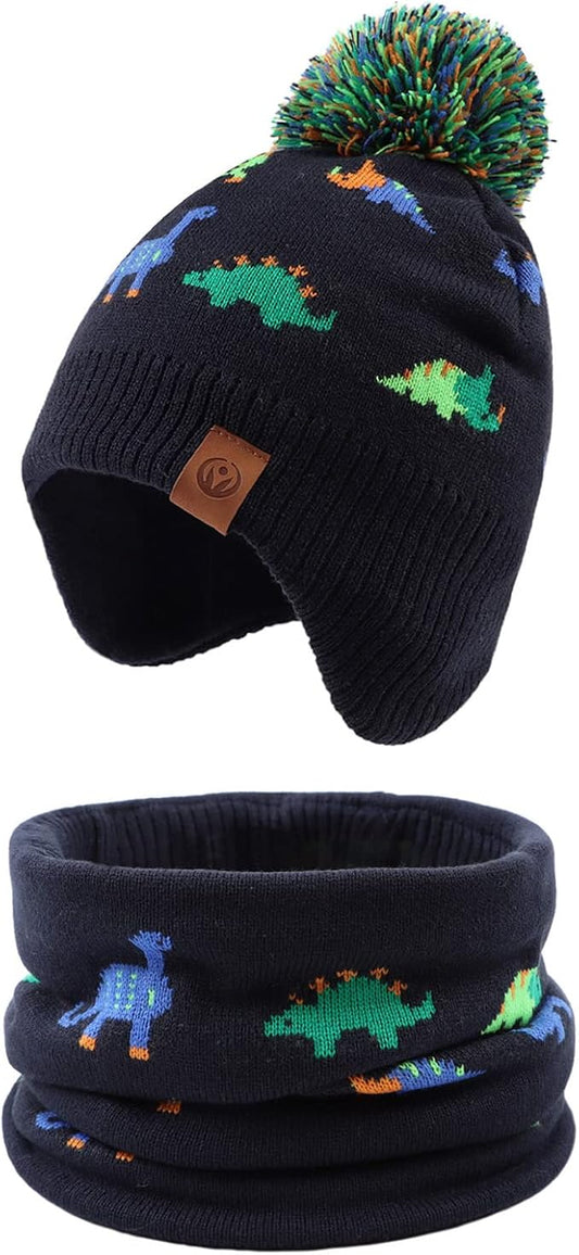 JANGANNSA Knitted Baby Hat Scarf Set Winter Warm Boys Girls Beanie Fleece Lining Toddler Kids Hats with Pompom
