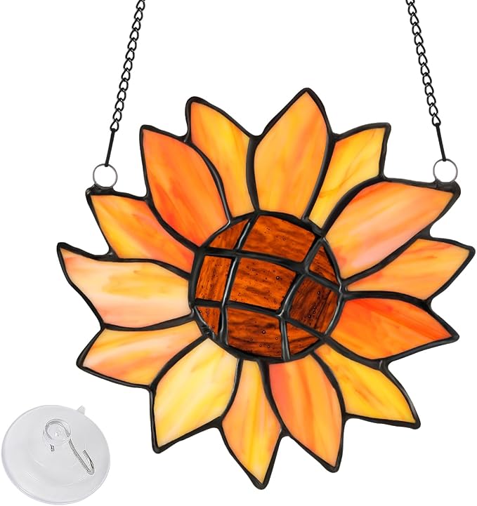 Lewondr Sunflower Stained Glass Window Hanging, Handcrafted Stained Glass by Lewondr
