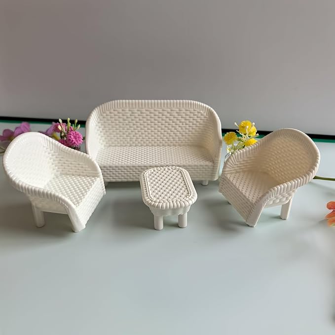 4 Pack Miniature White Wicker Tea Table and Chair Set, Dollhouse Furniture Decor - Image 5