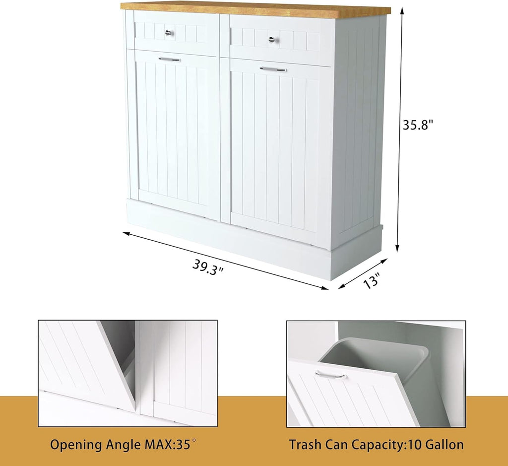 Betterhood Tilt Out Trash Cabinet 10 Gallon Wooden Free Standing Laundry Sorter Cabinet,Recycling Cabinet with Hideaway Drawer,Tilt Out Trash Cabinet Can Bin Kitchen