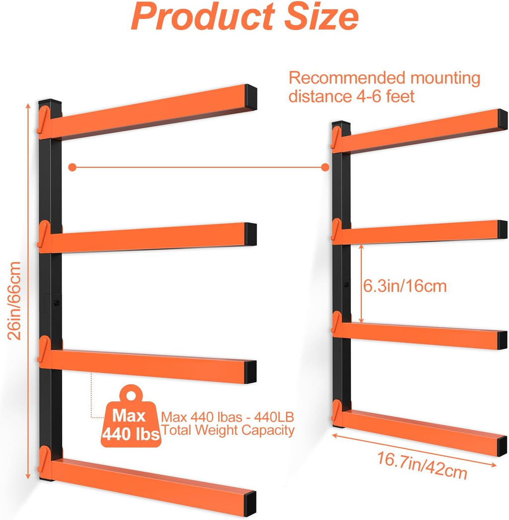 NANANARDOSO Wall Mount Wood Organizer and Lumber Storage,Heavy Duty Metal Shelf with 4-Level,Lumber Metal Racks for Indoor and Outdoor Use,2 Pack