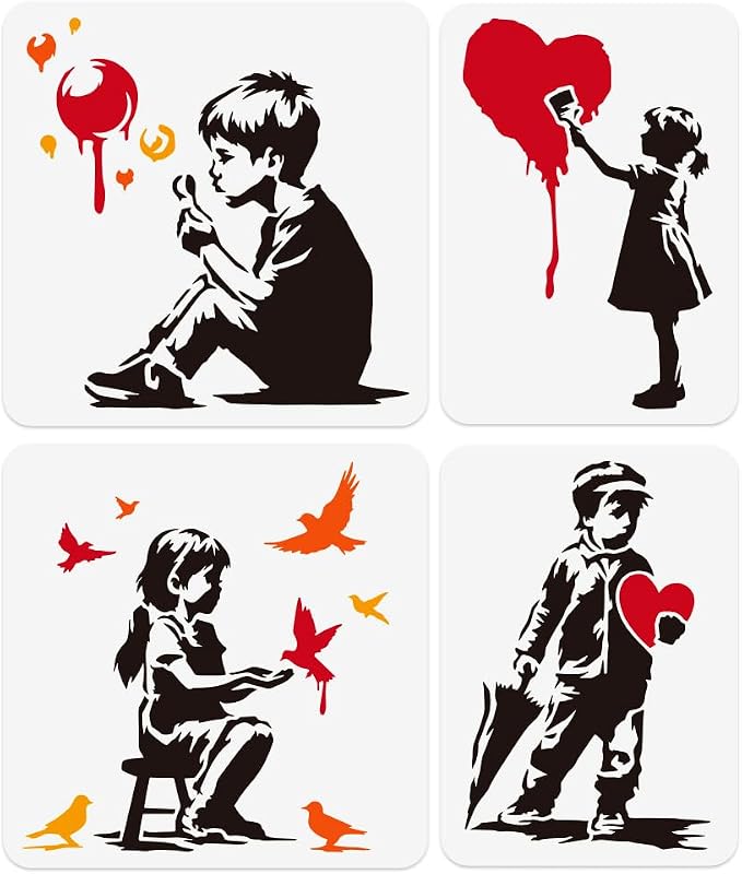4Pcs Banksy Graffiti Stencils for Painting, Reusable Banksy Girl Boy Stencil by Doodlream