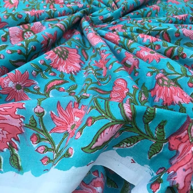 E-Tailor® Indian Ethnic 100% Cotton Voile Running Hand Block Print Natural - Image 4