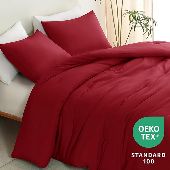 CozyLux Full Size Comforter Set Dark Red, 3 Pieces Solid Breathable Quilted - Image 4