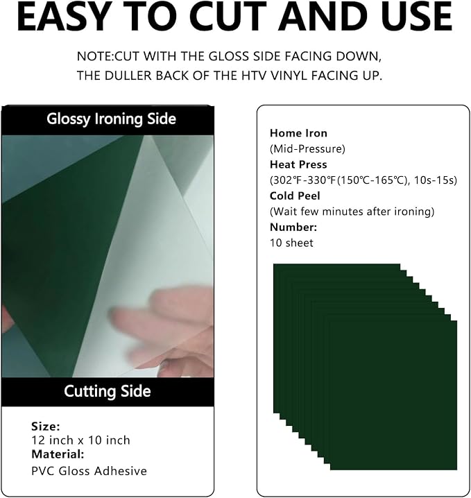 FUNKAKA Dark Green HTV Heat Transfer Vinyl Sheets, 10 Sheets Sticky HTV Vinyl - Image 3