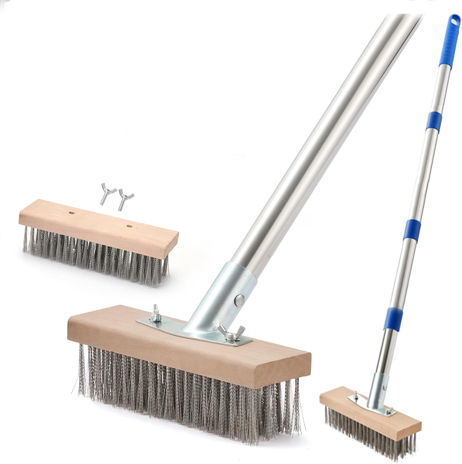 MAXMAN Stainless Steel Floor Scrubber Scrub Brush with Long Handle, Deck Brush, 63" Heavy Duty Outdoor Push Broom, Moss Remover, Wire Scratch Brush for Scrubbing Concrete, Patio, Garage, 2 Brush Head