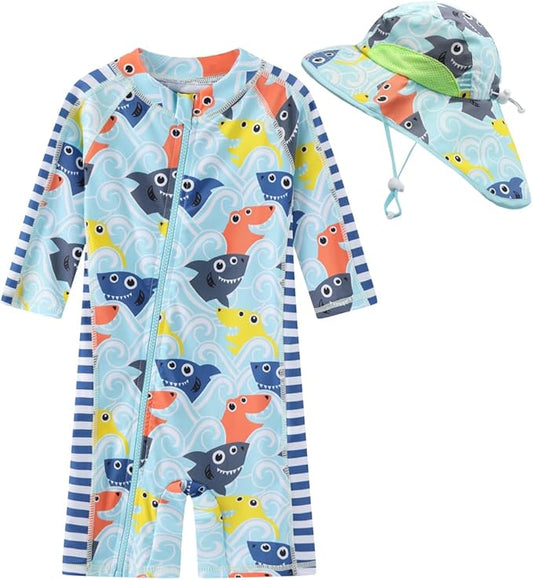 Toddler Baby Boys Swimsuit Rashguard One Piece Zipper Bathing Suit with Sun Hat Infant Swimwear Sunsuit UPF 50+