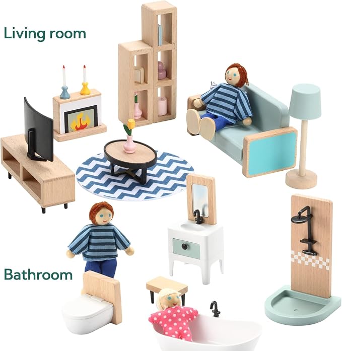 Giant bean 36pcs Wooden Dollhouse Furniture Set 5 Rooms 4 Family Dolls - Image 7