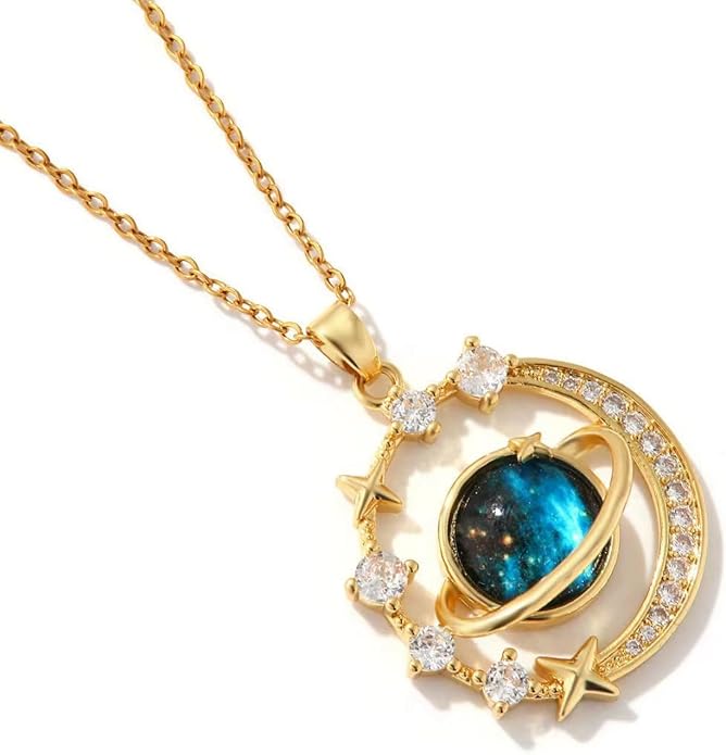 18K Gold Plated Diamond Saturn Pendant Choker Necklace Aesthetic Space Planet by ICFIRSION