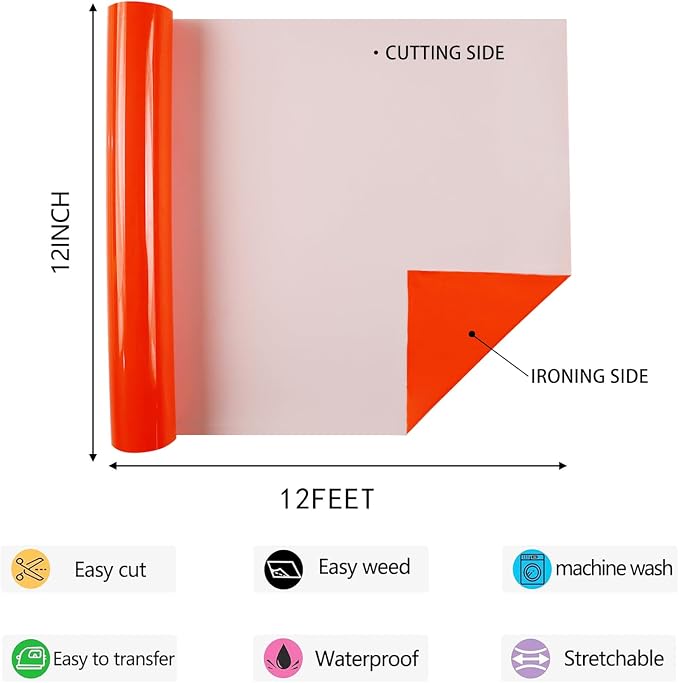 Neon Orange HTV Iron on Vinyl 12Inch by 12ft Roll HTV Heat Transfer Vinyl - Image 2