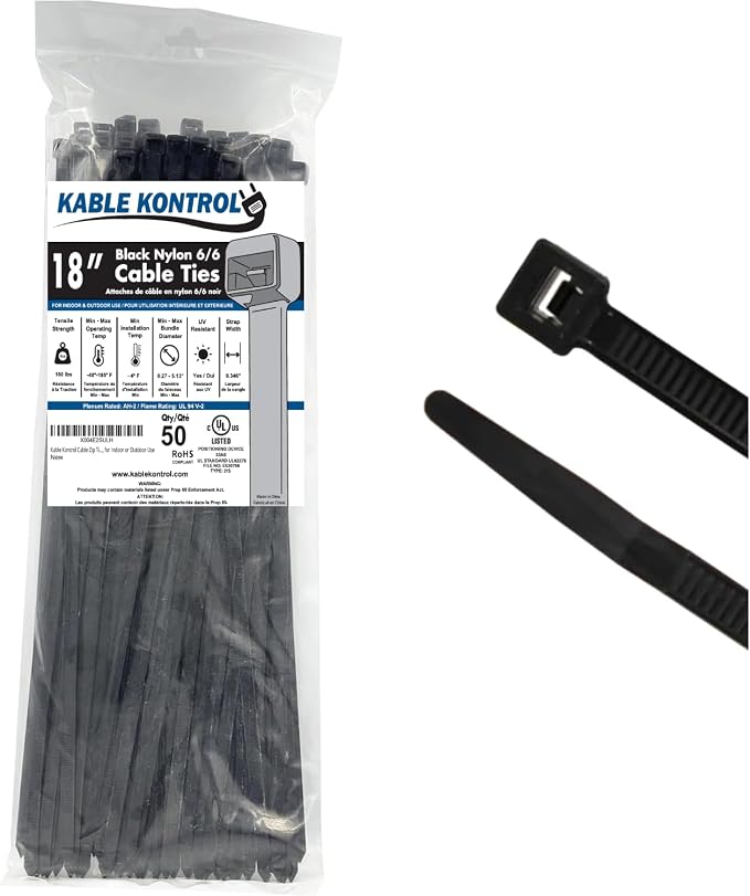 Kable Kontrol Cable Zip Ties 50 Pcs 18 Inch Black, 175 Lbs Tensile Strength by KABLEKONTROL%C2%AE