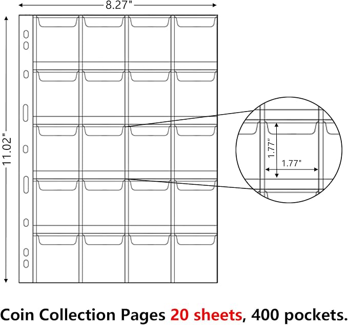 MUQING 400 Pockets Coin Collecting Supplies, 20 Sheets Coin Pages Sleeves - Image 3