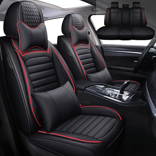 Leather Car Seat Covers for Toyota Corolla 2006-2024,Car Seat Covers Full Set,Seat Covers with Safety,Waterproof Seat Cover Compatible Airbag(5pcs Black&Red Luxury)